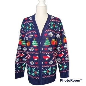 Holiday sweater Warm cozy red green long sleeve button down Christmas cardigan